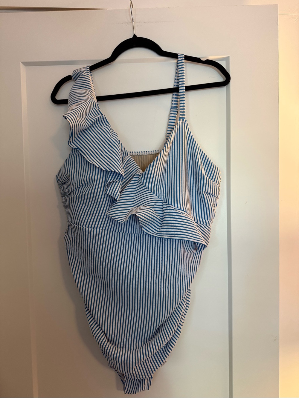 Swim by Cacique Size 18 Blue White Stripe Ruffle One Piece Swimsuit